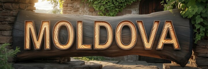 Moldova Country Name on Rustic Wooden Sign with Natural Stone Background, Sunlight, and Greenery - Travel, Tourism, Heritage Design Concept