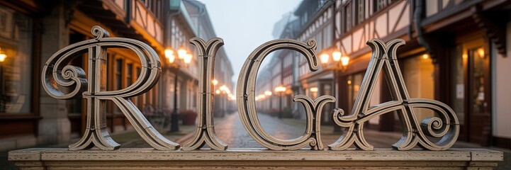 Riga Old Town Landmark Sign on Charming Historic Street at Dusk, Foggy Atmosphere, Medieval Architecture, Baltic Tourism