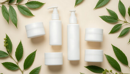 White Skincare Bottles and Jars with Green Leaves.