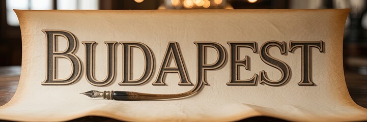 Elegant Vintage Budapest Sign on Parchment Banner with Artistic Calligraphy, Warm Tones, Retro Style, Travel Concept