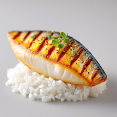 single grilled mackerel fillet on white rice, perfectly seared skin