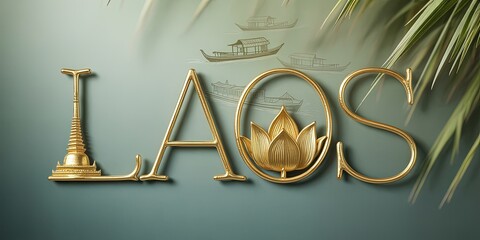 Elegant Laos Typography with Golden Letters, Lotus Flower, Pagoda, Palm Leaves, and Mekong River Boat on Green Background