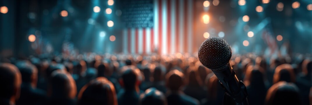 Crowded auditorium during a political rally with a microphone in focus and an American flag backdrop illuminated by stage lights - Powered by Adobe