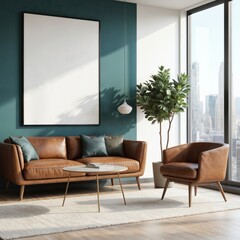 Modern living room features plush brown leather sofa, armchair, with minimalist coffee table on textured rug. Large blank frame hangs on teal wall, complemented by potted plant near cityscape view