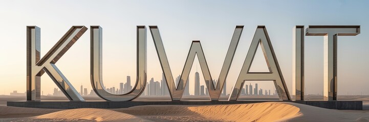 Kuwait Desert Landscape with Modern Skyline in Background and Bold 3D KUWAIT Text | Middle East Cityscape Illustration