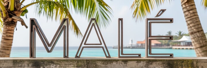 Malé Maldives Waterfront Sign with Palm Trees and Tropical Blue Ocean, Famous Travel Destination Landmark, Idyllic Island Scenery