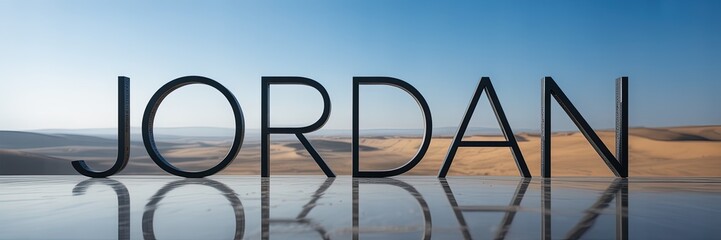Modern Jordan Typography on Serene Desert Landscape with Blue Sky Reflection | Travel Destination Concept Banner