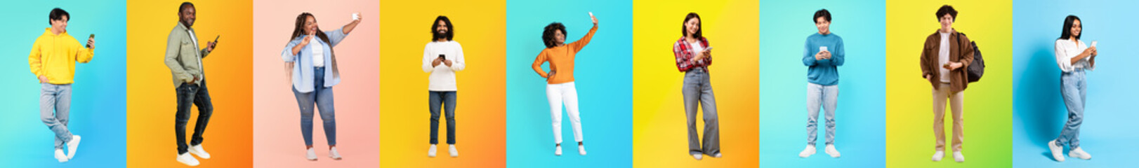 Eight diverse people stand in a collage, each holding a device and showcasing joyful expressions....