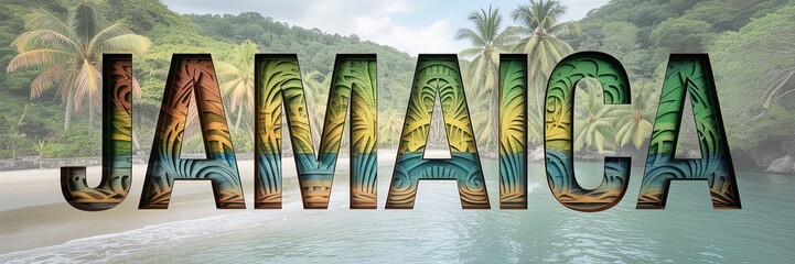 Jamaica Tropical Beach Typography Design with Palm Trees and Ocean for Travel and Vacation Posters, Brochures, and Advertisements