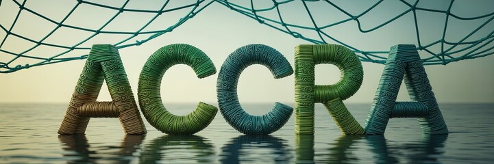 Accra Text by the Sea with Fishing Net, Nautical Coastal Theme, 3D Letters, Destination Travel Banner, Ghana City Concept