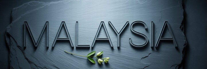 Modern 3D Malaysia Text on Cracked Slate Stone Background with Olive Leaves â€“ Artistic Banner for Travel and Culture Concepts