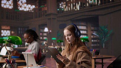 Young girl listening to educational documentary on laptop and taking notes, using modern non conventional way to study in the quietness of university library. Collects academic data. Camera B.