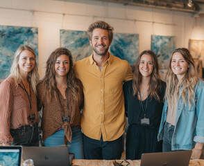 A group of people posing for a photo in front of a wall of paintings. Scene is cheerful and friendly, as the group of people are smiling and posing together