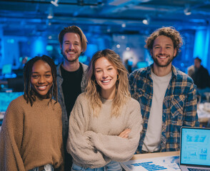 A group of people are smiling and posing for a photo. Scene is happy and friendly