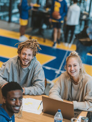 A group of people are sitting around a table with laptops open. One of the people is smiling and the others are also smiling. Scene is happy and friendly