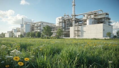 Eco-friendly energy concept at industrial gas separation plant. Focus on sustainability, energy efficiency, reduced carbon emissions. Factory with tanks, pipes, silos against blue sky, green field.