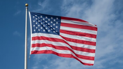 Proudly waving American flag against vibrant blue skies evokes patriotism and American pride
