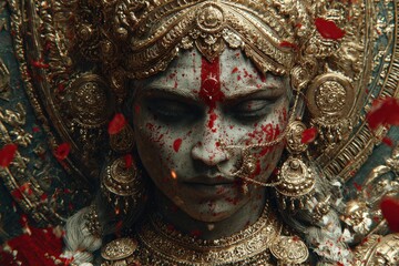 Close up of a woman in artistic makeup with traditional indian jewelry, red markings, and grey skin in a dark setting