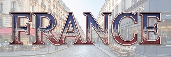 Elegant France Typography Overlay on Parisian Street with Cafes and Architecture, French Cityscape Travel Concept Background