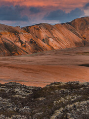 Rhyolite Mountains and Moss Covered Lava Fields at Sunset in Iceland