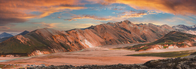 Rainbow Colored Rhyolite Mountains of Landmannalaugar at Sunset