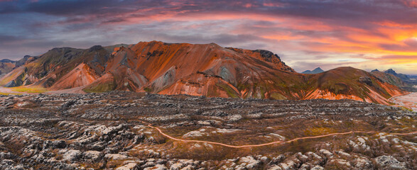 Rhyolite Mountains and Lava Fields at Sunset in Landmannalaugar, Iceland