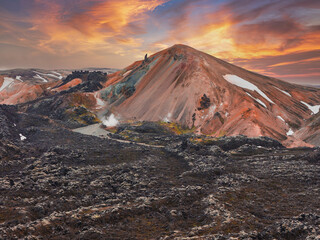 Colorful Volcanic Mountain and Lava Field at Sunset in Iceland