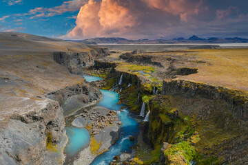 Sigoldugljufur Canyon with Turquoise River and Waterfalls in Iceland