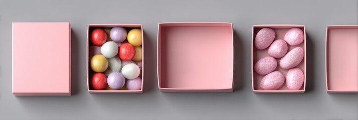 Colorful candy-filled boxes arranged on a gray background in a festive spring display for celebrations and events