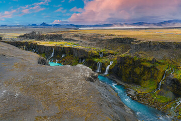 Sigoldugljufur Canyon with Waterfalls and Turquoise River in Iceland