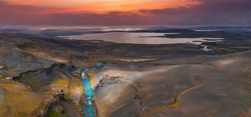 Aerial View of Turquoise River and Canyon in Iceland at Sunset