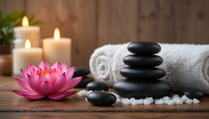 Zen spa relaxation concept with hot stones and lotus flower.