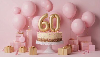 3D illustration of 60th birthday party with pink balloons, gold gift boxes. Decorative cake stand holds celebratory cake. Theme focuses on special occasions, gift wrapping, digital art for
