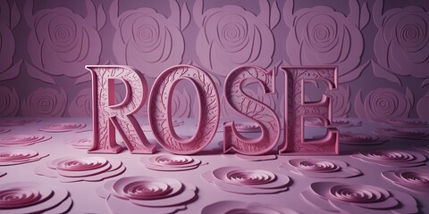 Elegant 3D Rose Text on Pink Floral Patterned Background | Romantic Decorative Typography for Greeting Cards, Posters, Invitations