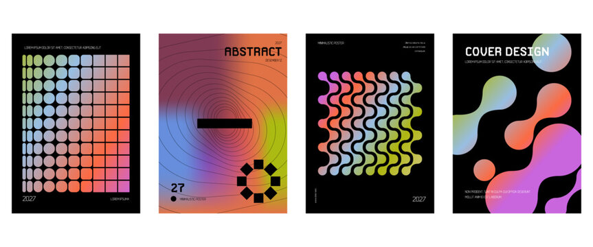 Posters with gradient minimalistic basic figures, extraordinary graphic assets of geometrical shape. Modern minimal colorful print brutalist.	
