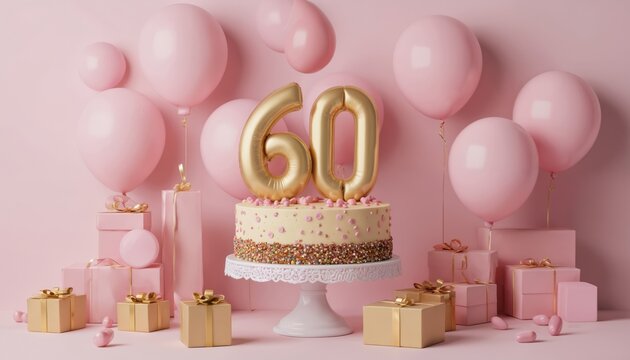 3D illustration of 60th birthday party with pink balloons, gold gift boxes. Decorative cake stand holds celebratory cake. Theme focuses on special occasions, gift wrapping, digital art for