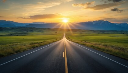 Naklejka premium Empty asphalt highway leads toward distant mountains at sunset. Sunrays burst from horizon over green fields. Symbolizes new beginnings, future possibilities, and success.