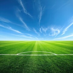 Obraz premium Vast green soccer field with white lines under clear blue sky with wispy clouds. Perfectly manicured grass shows distinct mowing patterns, inviting athletic competition and outdoor sports activity.