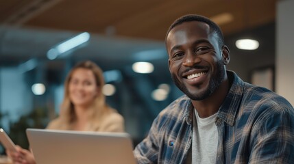 Smiling Professionals Collaborating in Modern Office