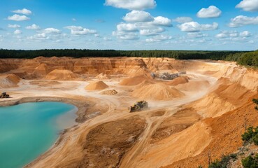Expansive sand quarry with layered formations under blue sky, white clouds. Bulldozer moves across dusty ground near vibrant turquoise water body. Industrial machinery operates in background at
