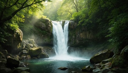 Fototapeta premium Majestic waterfall cascades down moss-covered rocks in rich green forest. Sunlight streams through trees, illuminating mist rising from turquoise water. Serene wilderness landscape invites