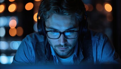 Focused professional, wearing headphones, glasses, works intently on computer screen. Dimly lit environment with blurred bokeh lights suggests late-night dedicated work session. Image represents deep