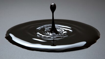 Dark, viscous liquid droplet impacting a surface, creating ripples and a splash.