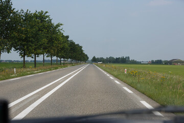 Picturesque rural road lined with trees in a flat landscape during a clear sunny day in the countryside