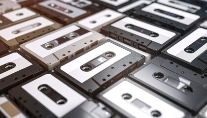A nostalgic backdrop featuring an array of vintage cassette tapes, evoking retro vibes and analog charm with a touch of music history woven into every corner.