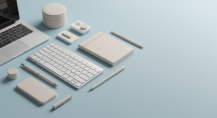 Clean minimalist modern workspace with essential technology and sleek accessories. Organized desk setup on a light blue background, promoting productivity and efficient work.