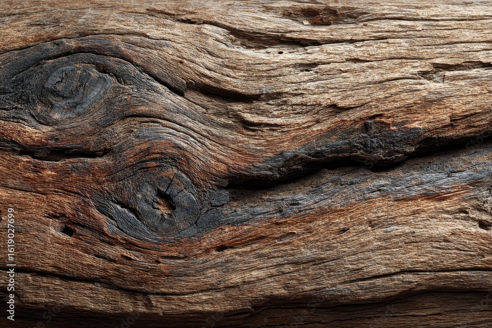 Poster old driftwood surface showing a knot and weathered patterns with cracks, displaying various brown to