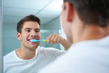 Man Brushing Teeth in Bathroom Mirror - Morning Routine and Dental Hygiene