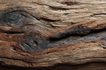 Naklejka premium Old driftwood surface showing a knot and weathered patterns with cracks, displaying various brown tones and dark patches in a close-up detail