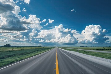 Fototapeta premium Blissful Adventure on a Scenic Road Beneath a Clear Blue Sky and Fluffy Clouds